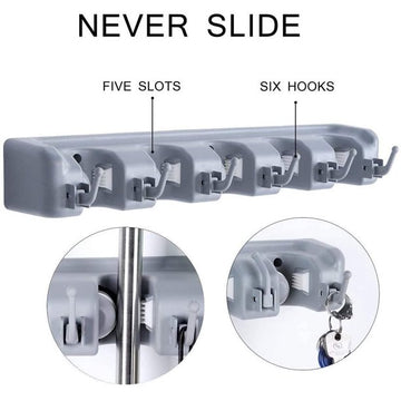 モップ ほうきホルダー 多目的壁掛けオーガナイザー 収納フック (5 ポジション 6 フック)